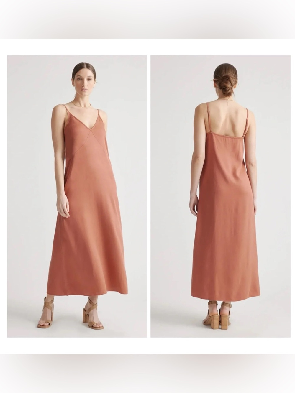 NEW Quince XS Terracotta Vintage Wash Tencel Maxi Slip‎ Dress Minimalist Boho